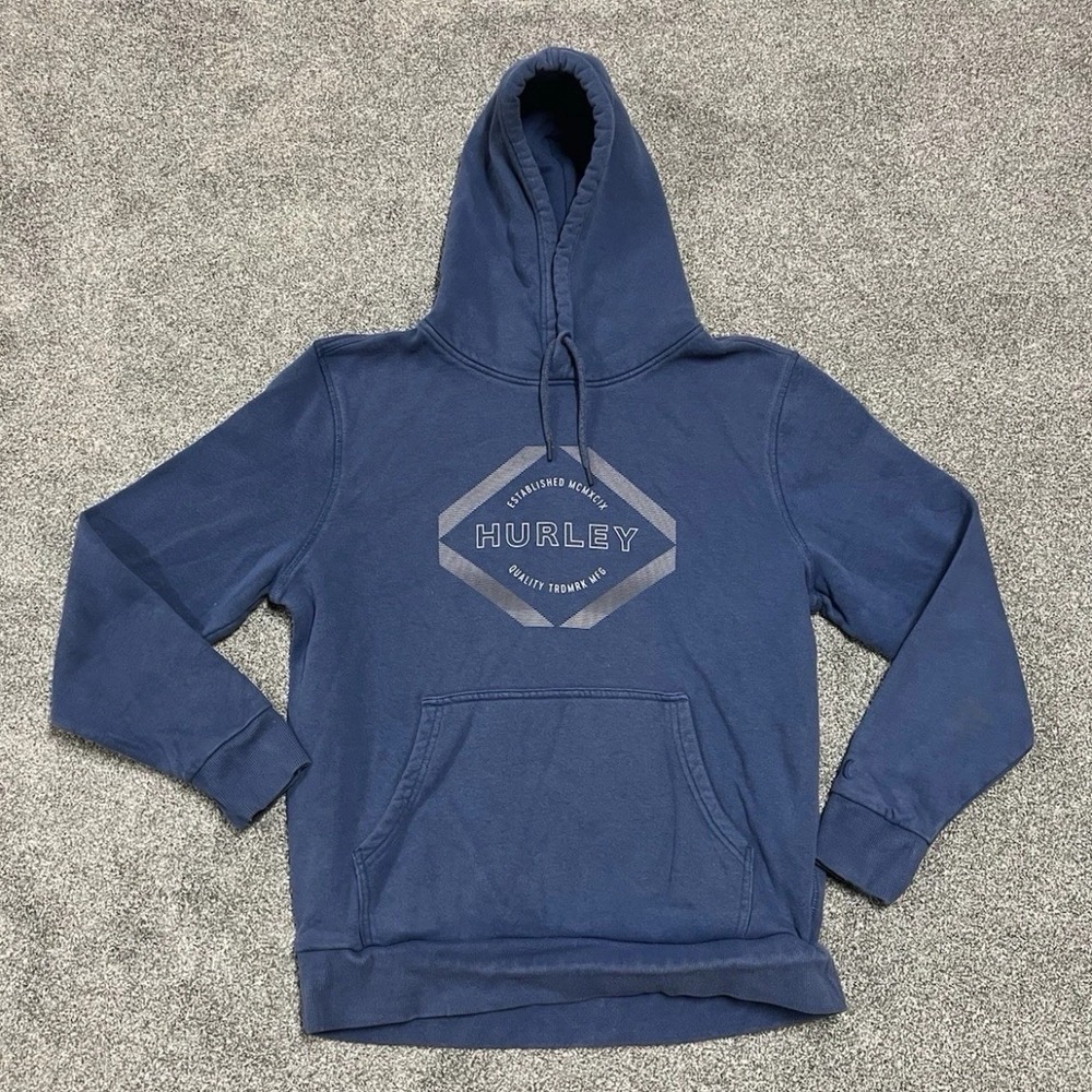 Hurley Hoodie Mens Medium Blue Graphic Pullover Sweatshirt Pocket